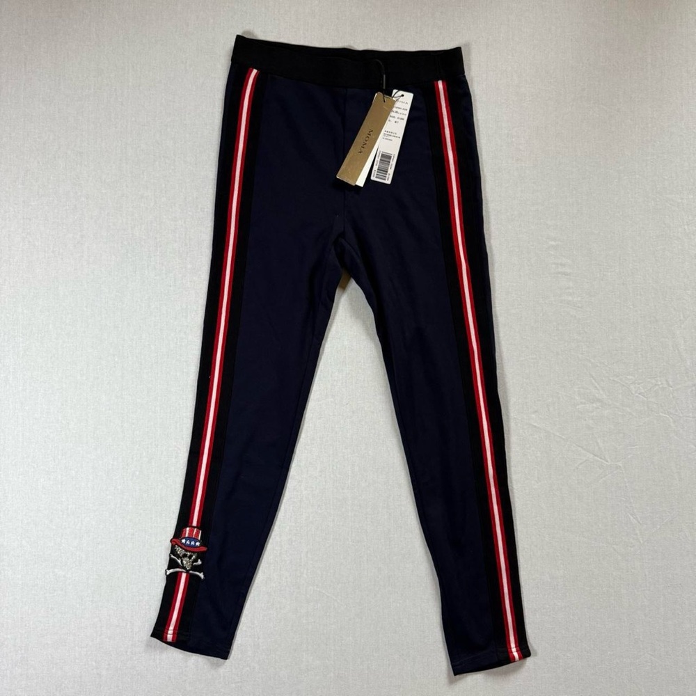 NWT Size S Taiwanese Brand MOMA Navy Leggings w/ Red/White/Black Striped Detail